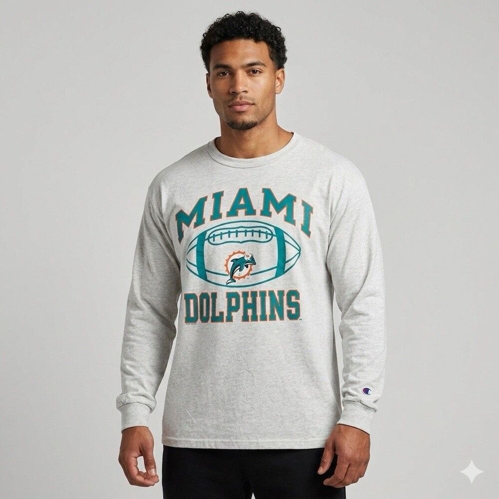 Vintage 1996 Champion Miami Dolphins NFL Long Sleeve T-Shirt Graphic XL Grey